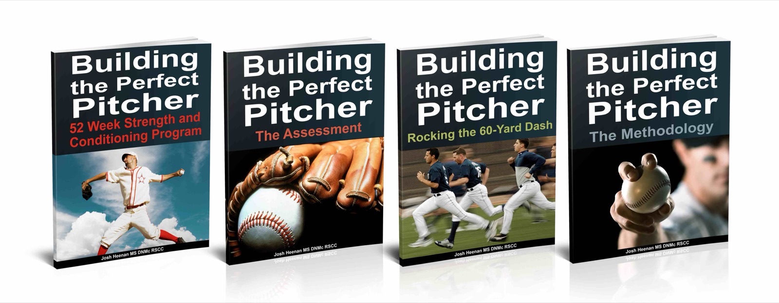 The four Building the Perfect Pitcher guides: the 52-week program, the assessment, the 60-yard dash and the methodology