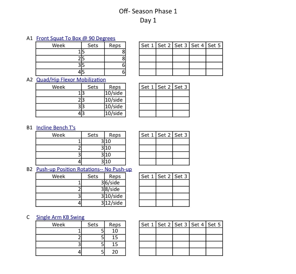 A training day from the program: Off-Season Phase 1, Day 1